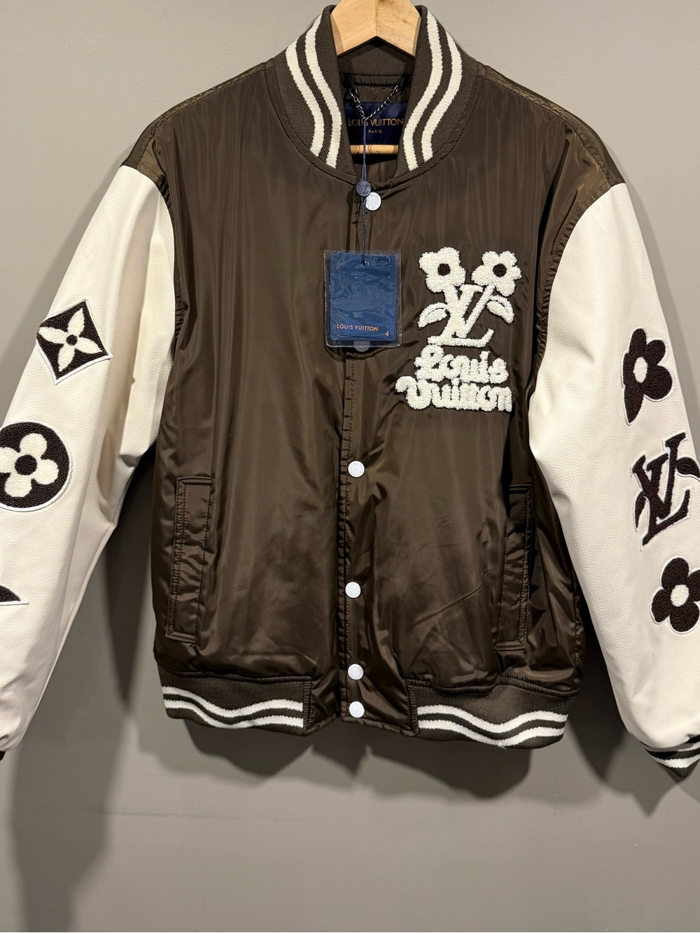 LV style designer Men's Brown and White leather Varsity Jacket